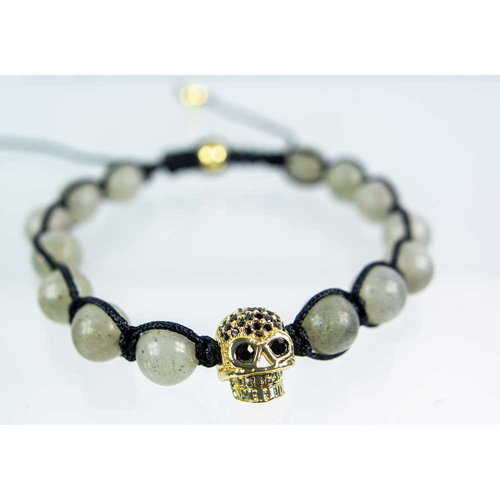 Adjustable Weave Bracelet 8mm Bead Labradorite w/Brass Skull