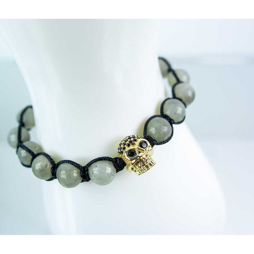 Adjustable Weave Bracelet 8mm Bead Labradorite w/Brass Skull