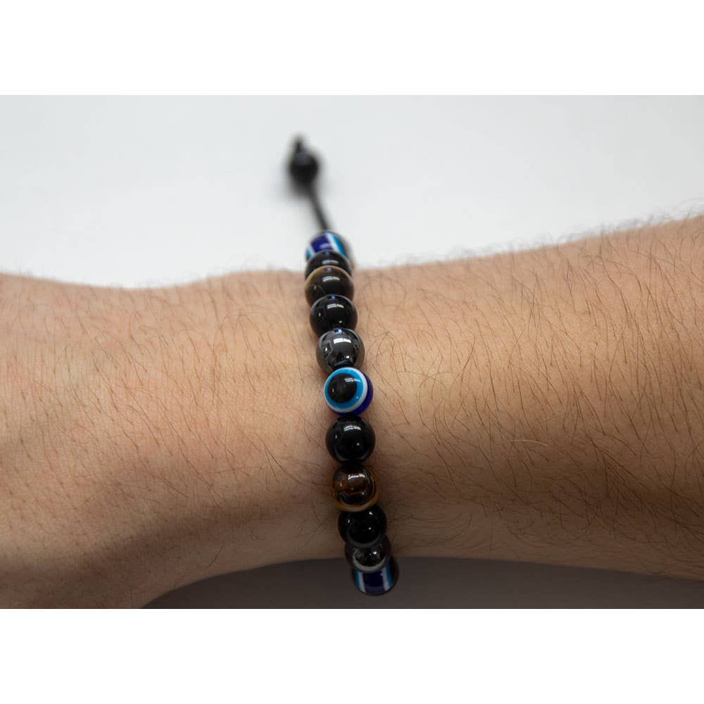 Adjustable Bracelet -Tiger Eye, Evil Eye, Black Glass Beads