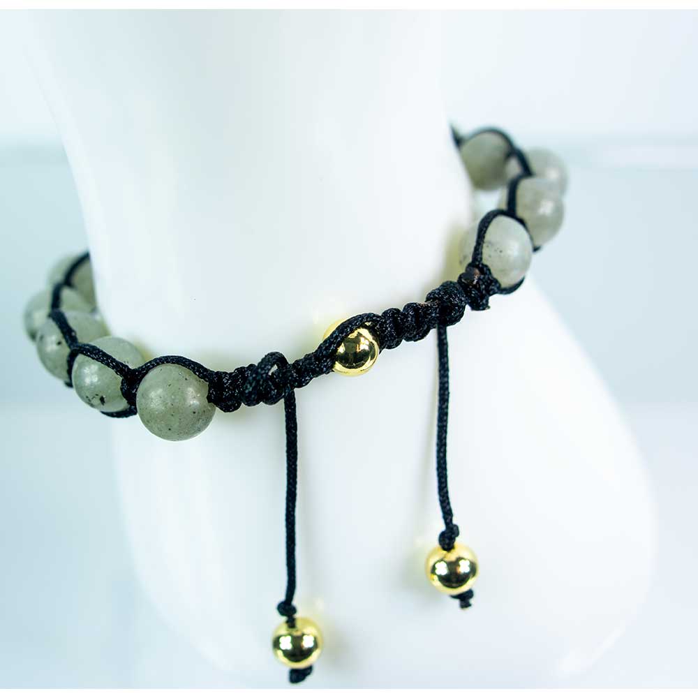 Adjustable Weave Bracelet 8mm Bead Labradorite w/Brass Skull