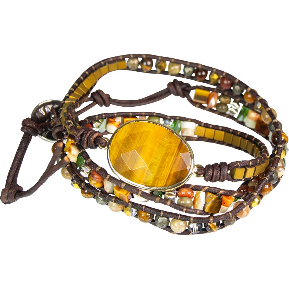 Wrap Bracelet Leather Mixed Gemstone w/ Tiger Eye