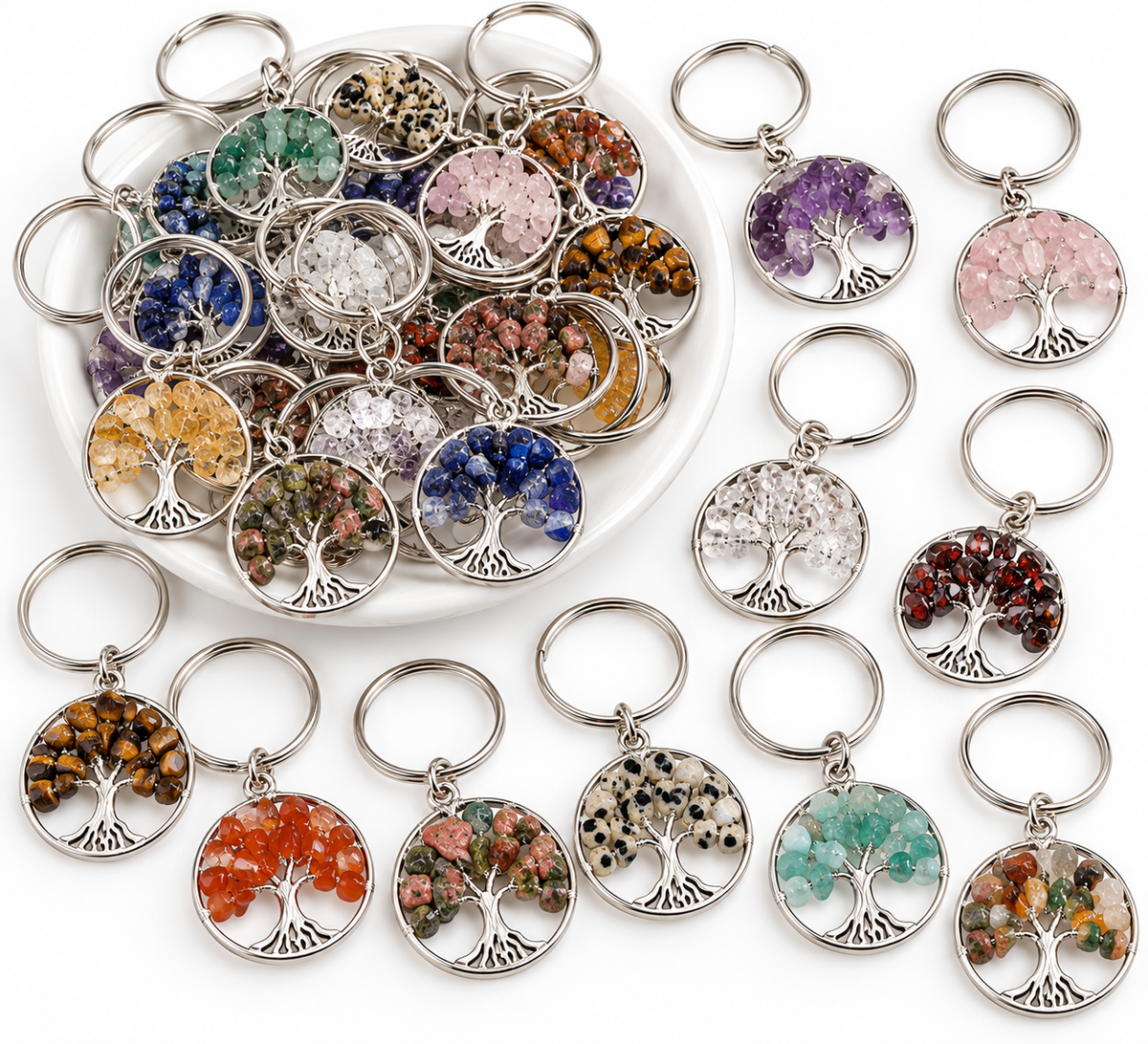 Tree of life keychain, assorted crystal chips