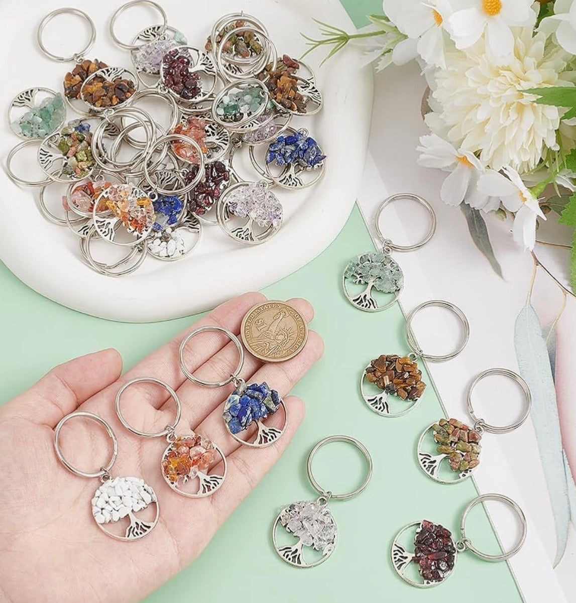 Tree of life keychain, assorted crystal chips