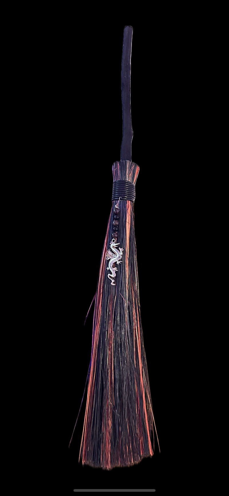 Wicca Besom, Red and Black, Dragon with Garnet