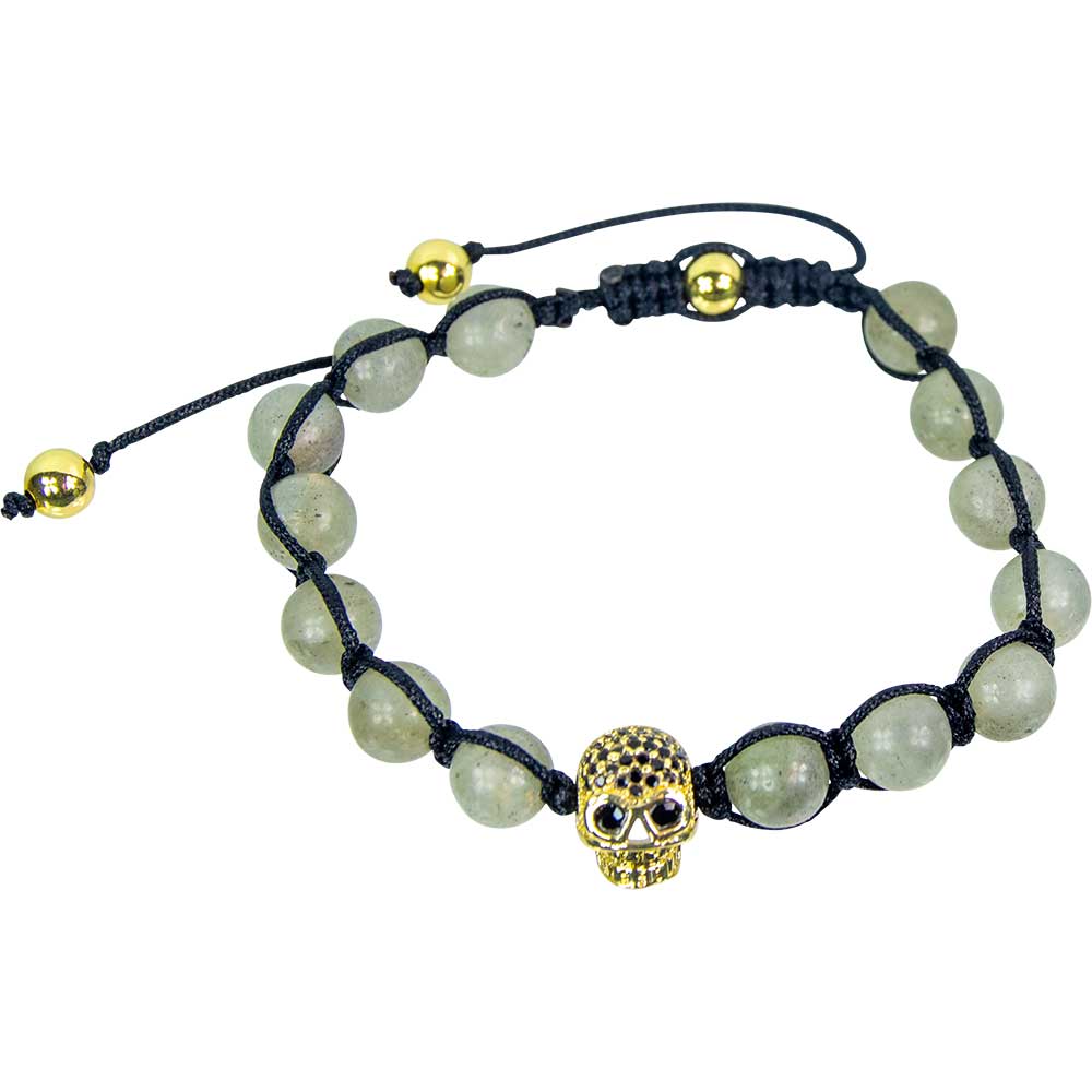 Adjustable Weave Bracelet 8mm Bead Labradorite w/Brass Skull