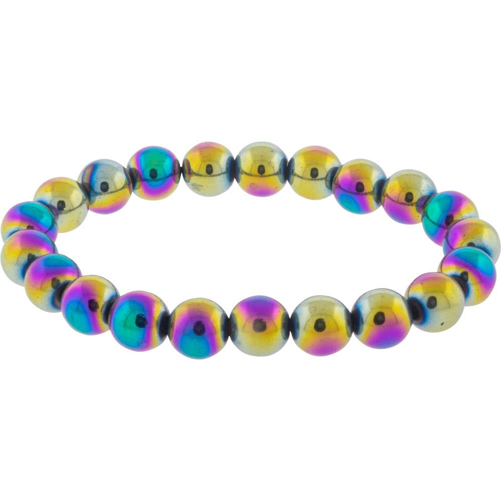 Elastic Bracelet 8mm Round Beads - Rainbow Hematite