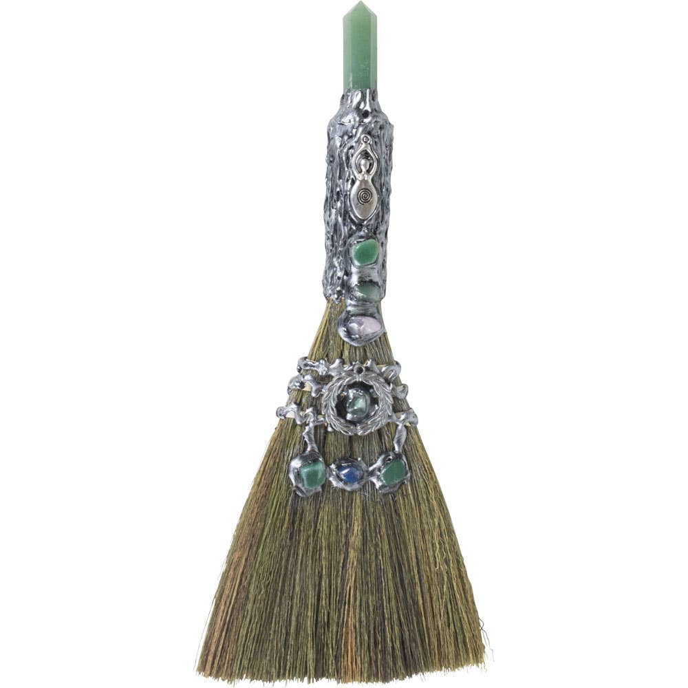 Gemstone Wicca Broom 13in - Green Aventurine w/ Silver
