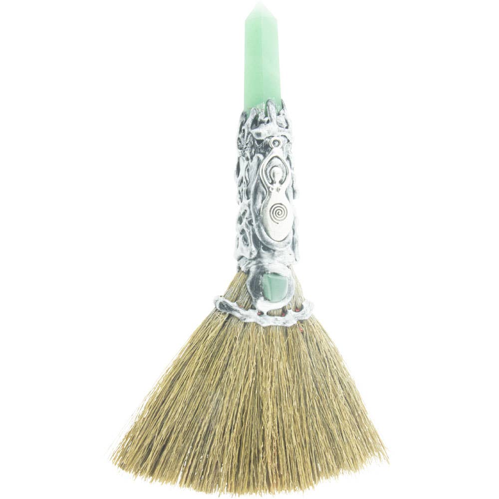 Gemstone Wicca Broom 8in - Green Aventurine w/ Silver